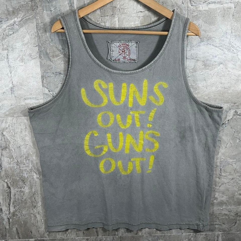 Distressed Grey "Suns Out Guns Out" tank top  shirt Mens Size XL #summer